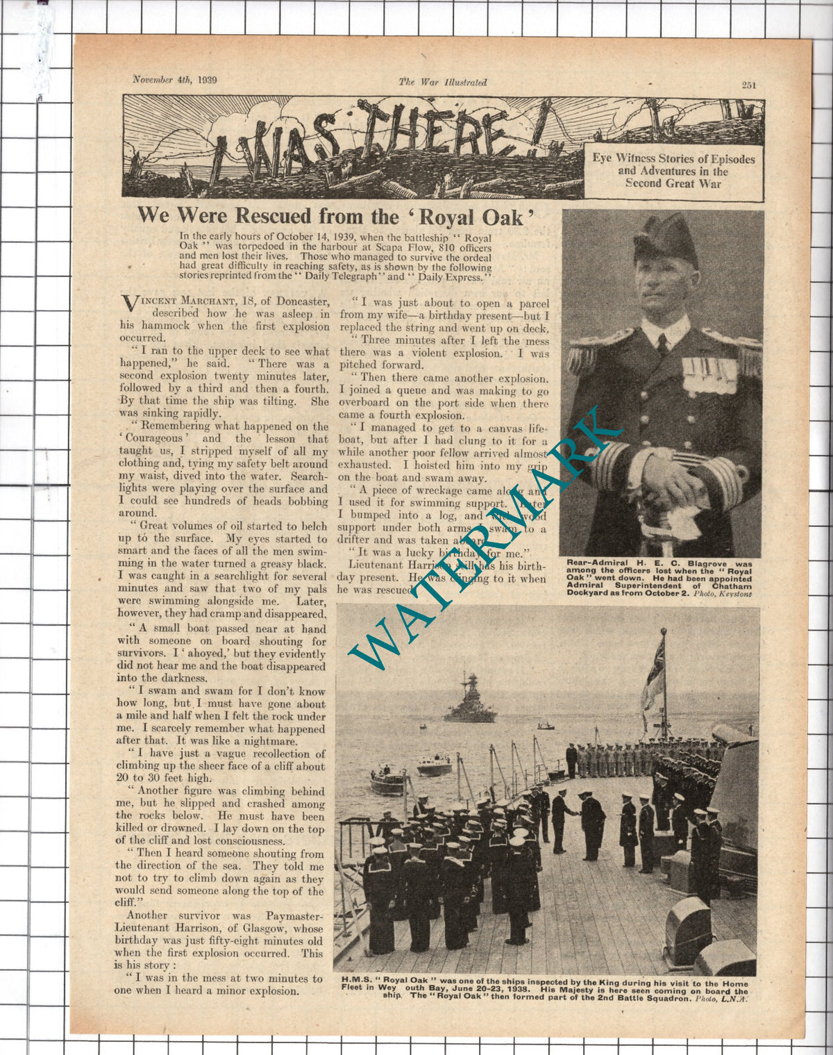 Vincent Marchant Doncaster ROYAL OAK Ship World War Two WW2 - 1939 Article