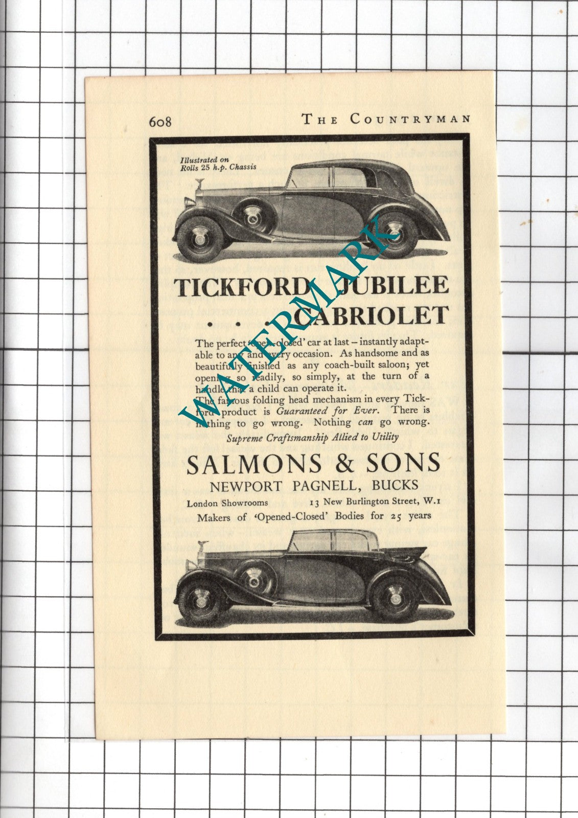 Tickford Jubilee Cabriolet Salmons & Sons Newport Pagnell SMALL ADVERT - 1935