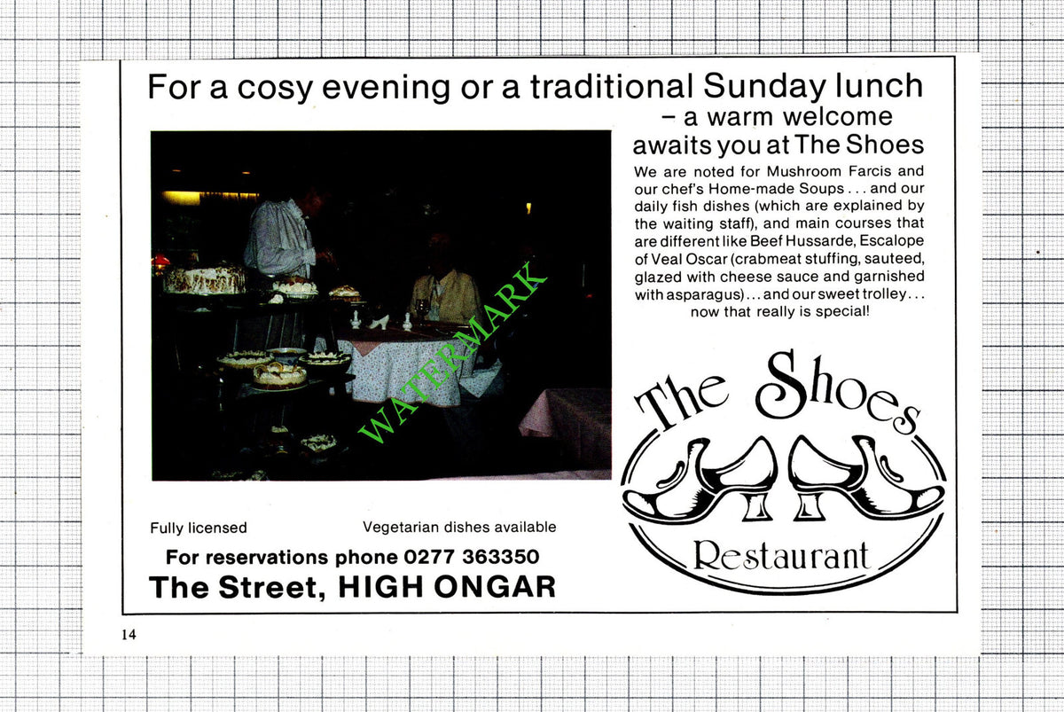 The Shoes Restaurant High Ongar Essex Advert - 1985 Cutting