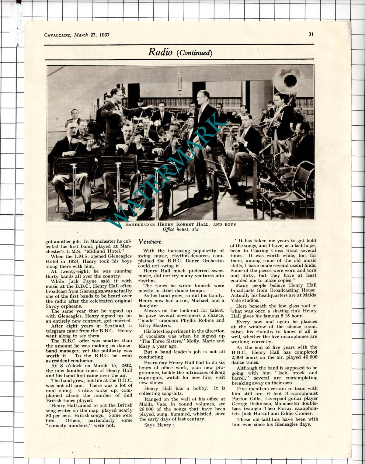 Henry Hall Bandsman Henry Robert Hall Article - 1937 Three-Part Clipping
