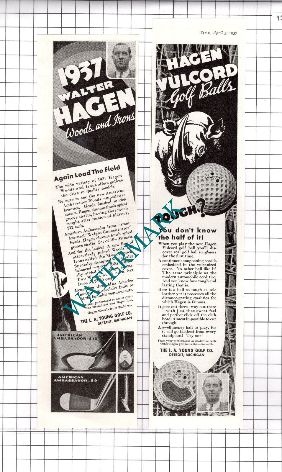 Walter Hagen Golf Balls Woods Irons Detroit US Advert 1937 Two-Part Clipping