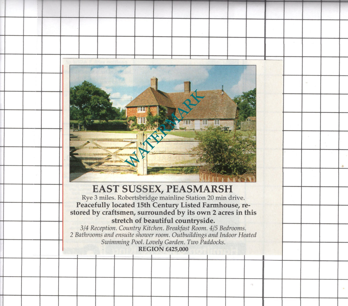 Peasmarsh Sussex Farm House Sale Advert - 1991 Clipping / Print