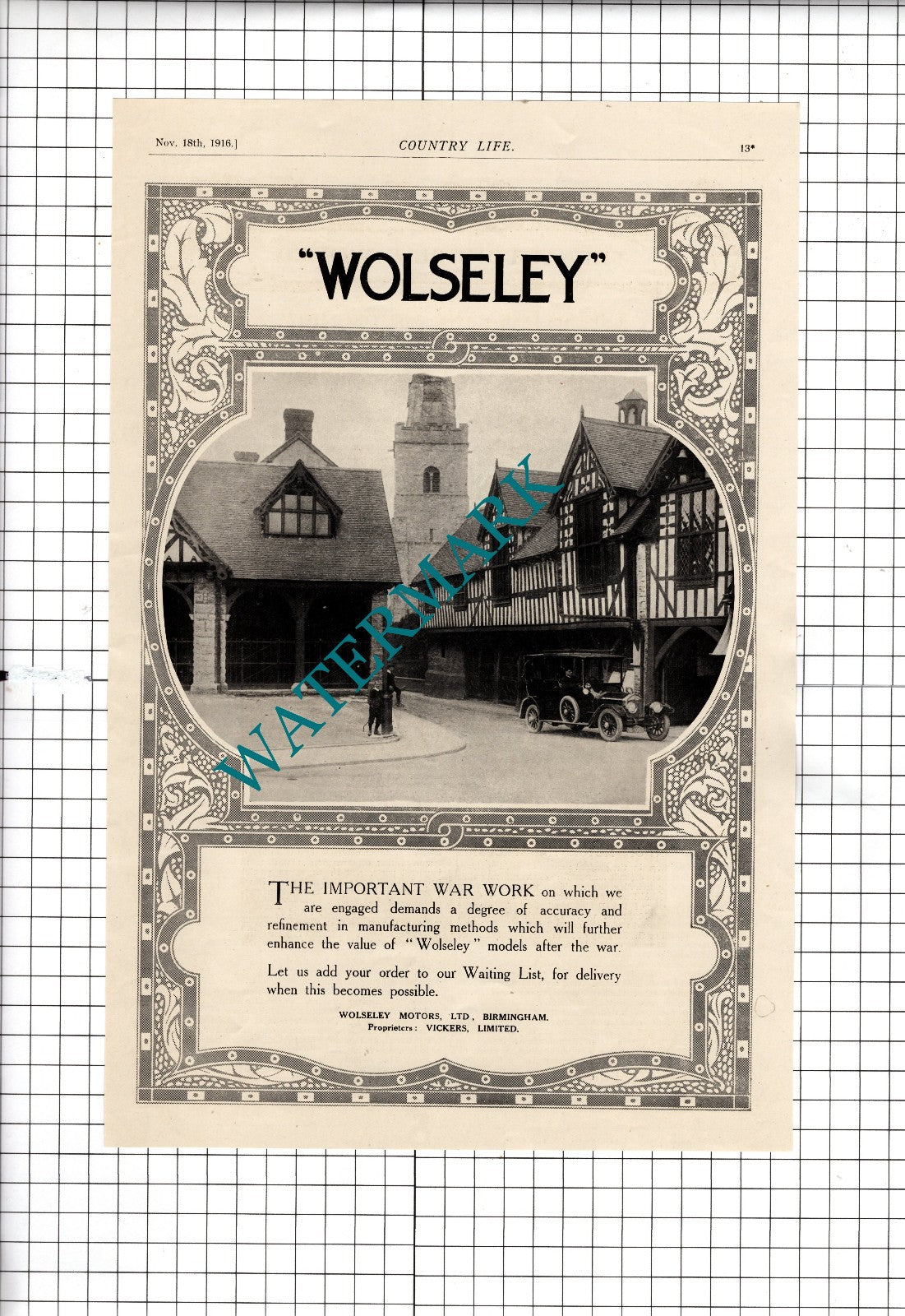 Wolseley Motors Ltd Birmingham World War One WW1 Advert - 1916