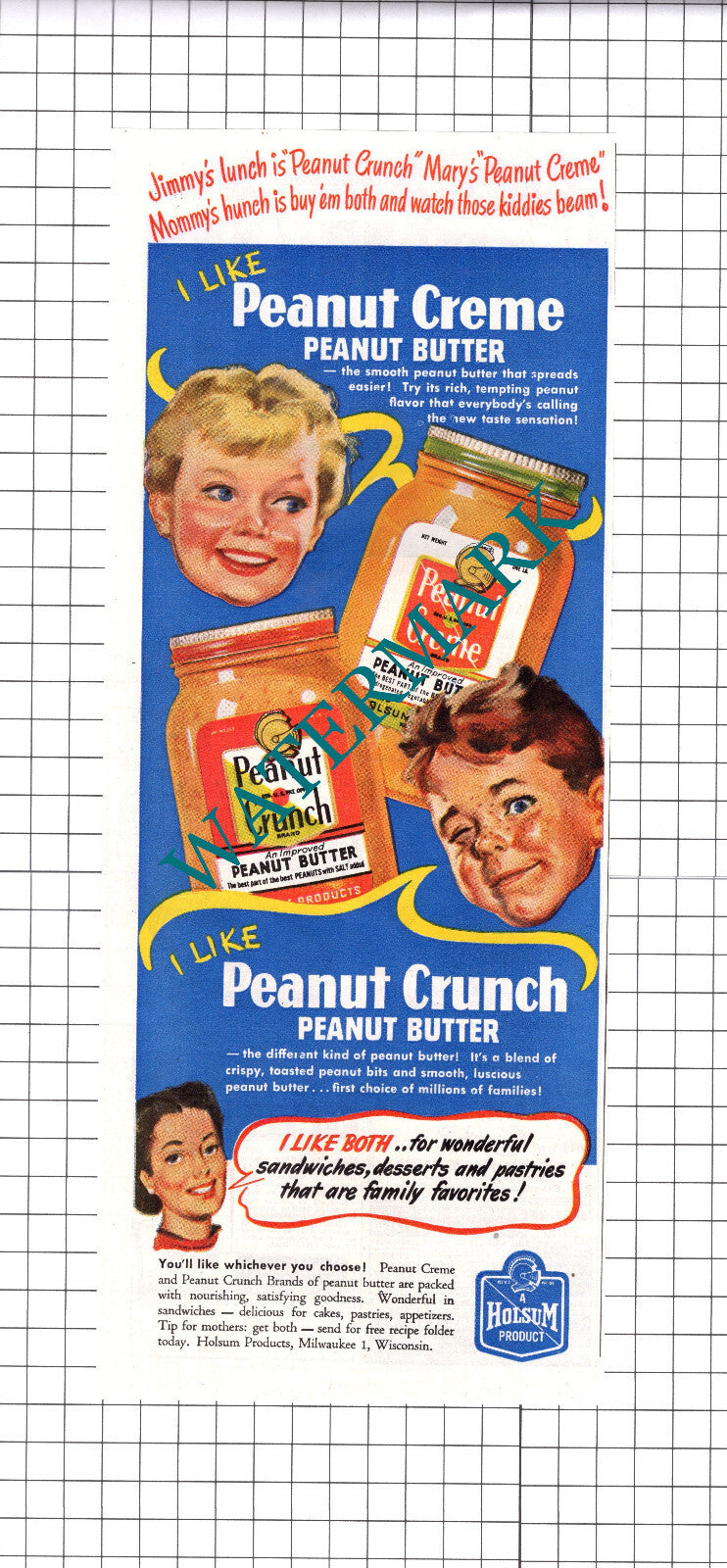 Holsum Peanut Butter ADVERT - 1947 Clipping / Print