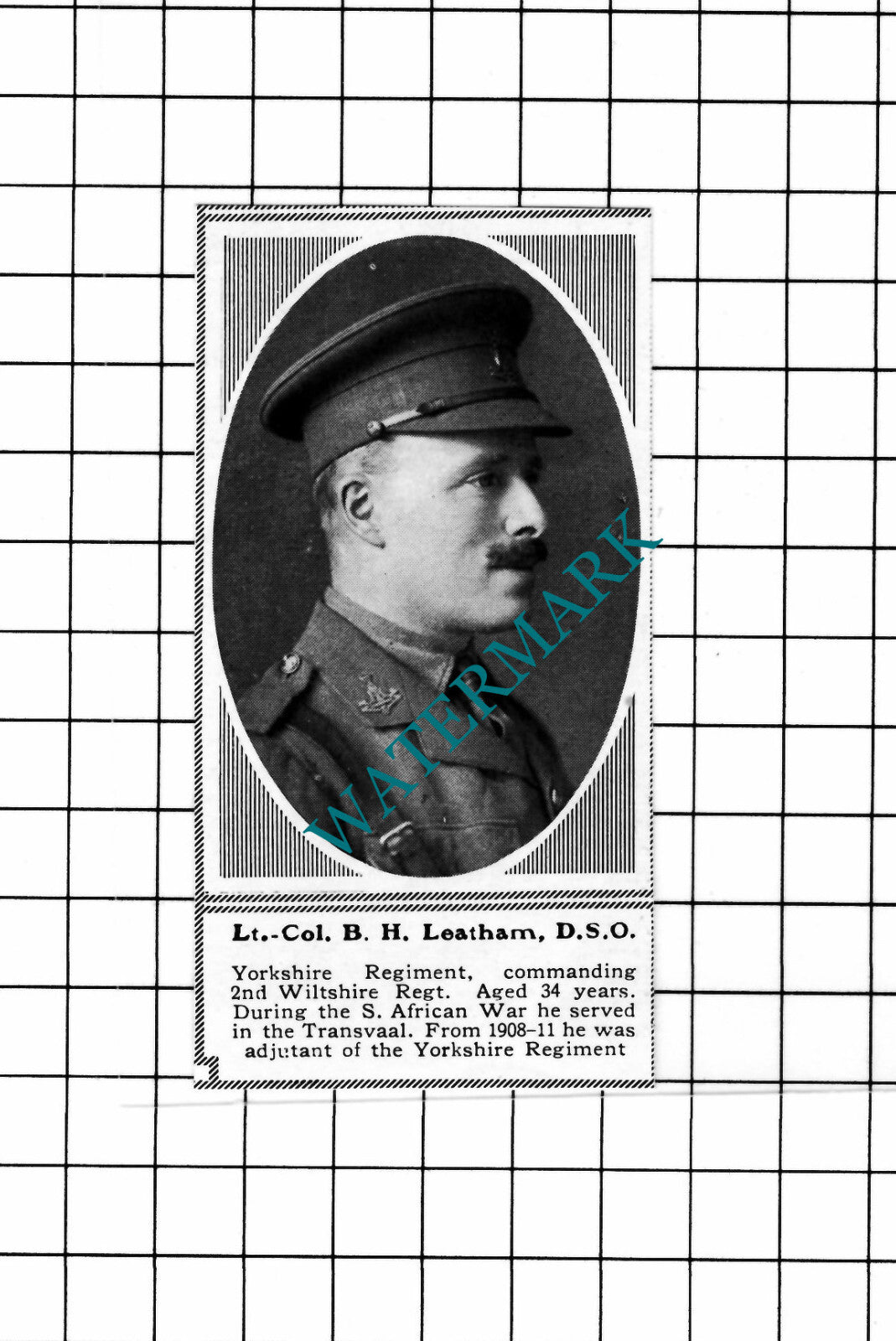 Lt Col B H Leatham Yorkshire Regiment WW1 - c.1918 SMALL Clipping