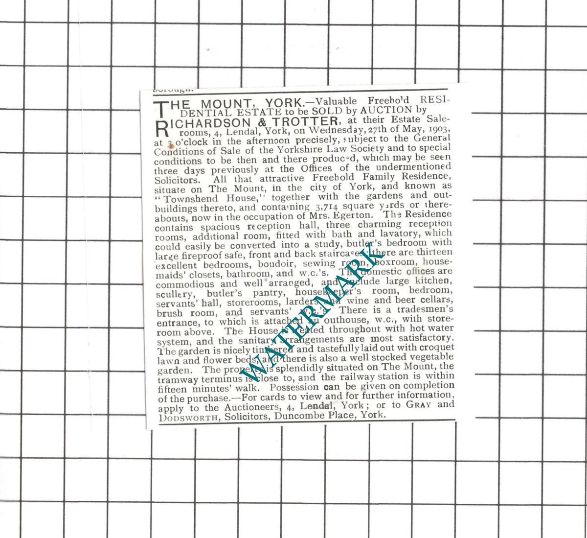 Townshend House The Mount York Mrs Egerton - 1903 SMALL Clipping