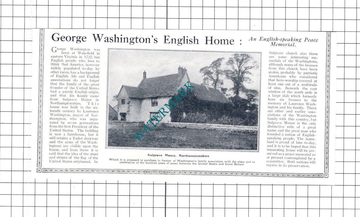 George Washington Sulgrave Manor Northamptonshire - 1913 Clipping / Print