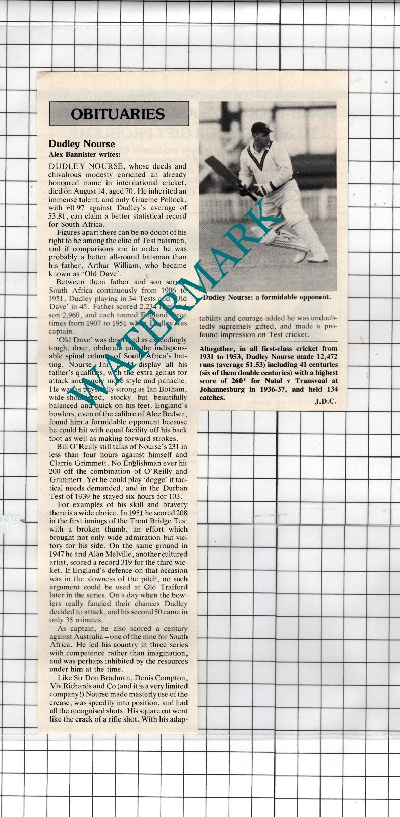Dudley Nourse Cricketer Cricket Obituary - 1982 Clipping