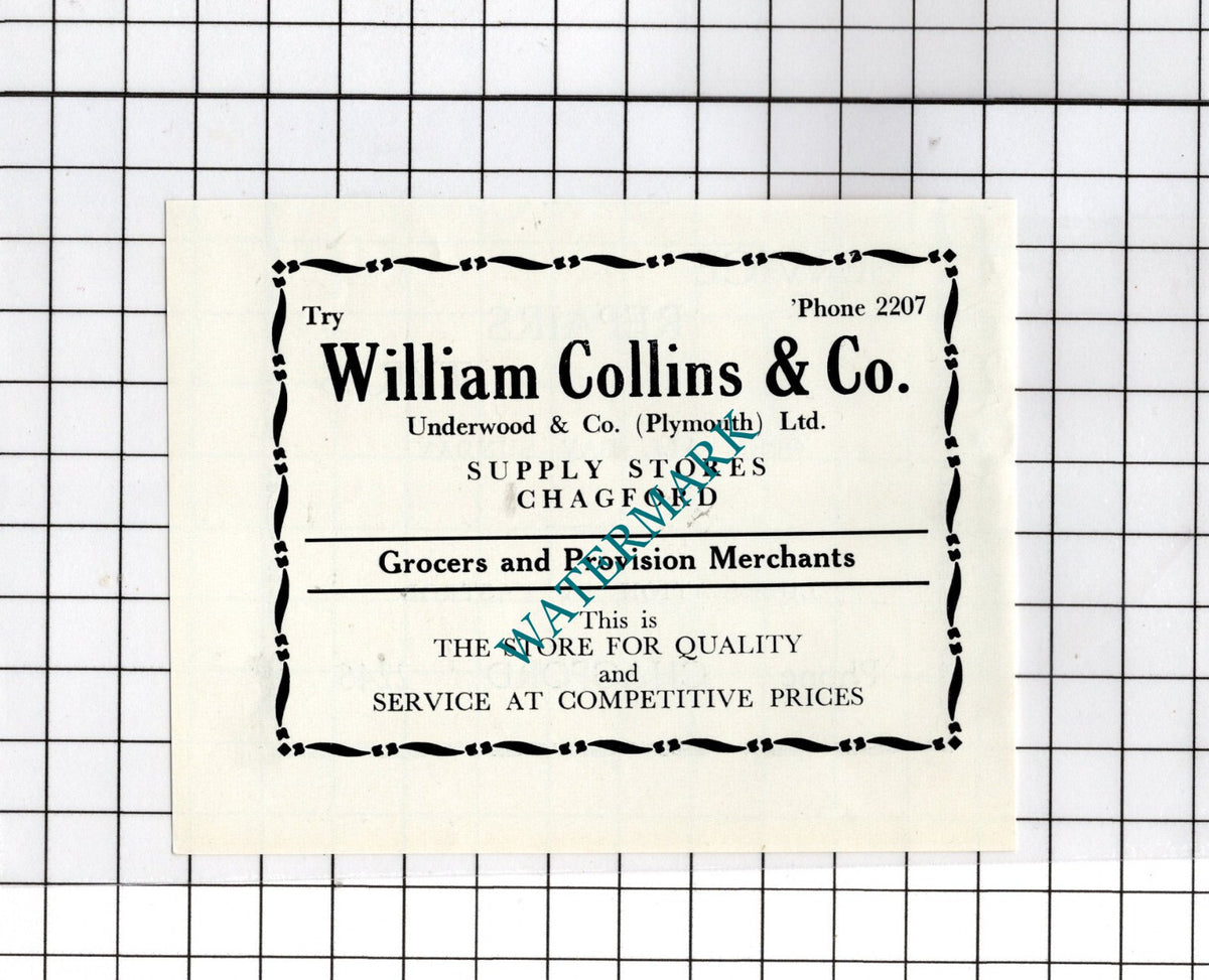 William Collins & Co Supply Stores Chagford Devon - c.1940s Small Advert