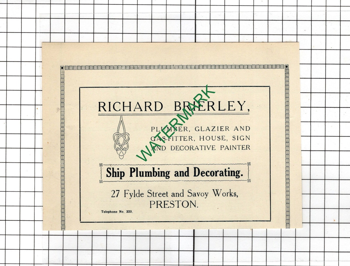 Richard Brierley Ship Plumbing 27 Fylde Street Preston Lancashire -1922 Advert