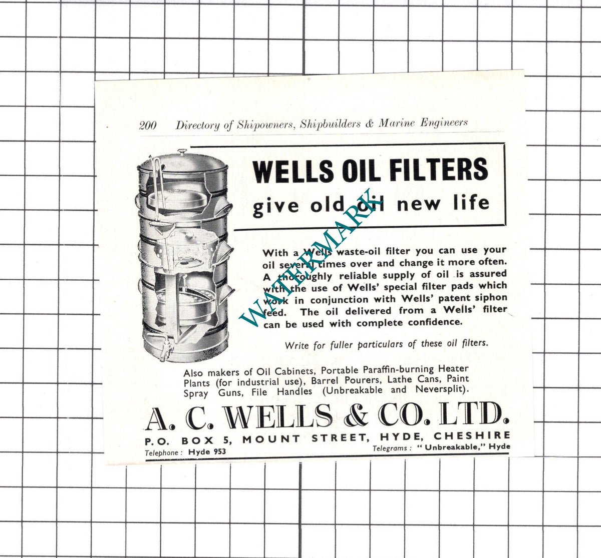 A C Wells & Co Ltd Hyde Cheshire Wells Oil Filters - c.1957 SMALL ADVERT