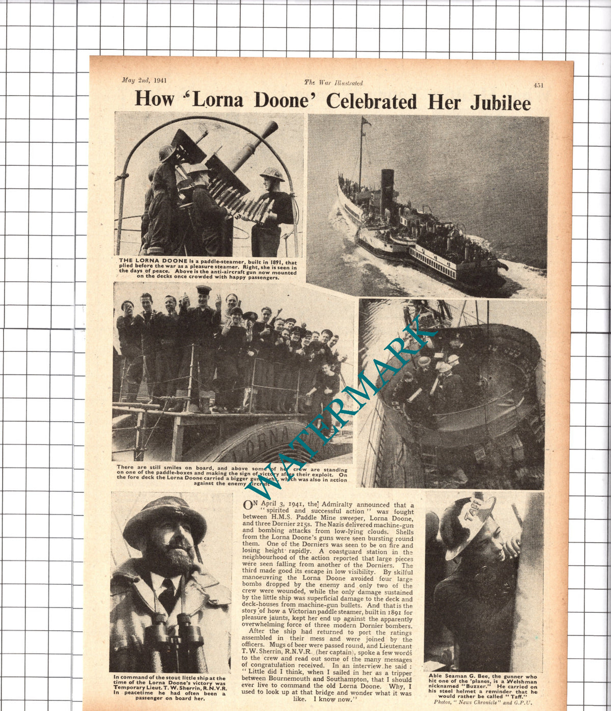 HMS Paddle Mine Sweeper LORNA DOONE Ship Lt Sherrin WW2 - 1941 Cutting / Print