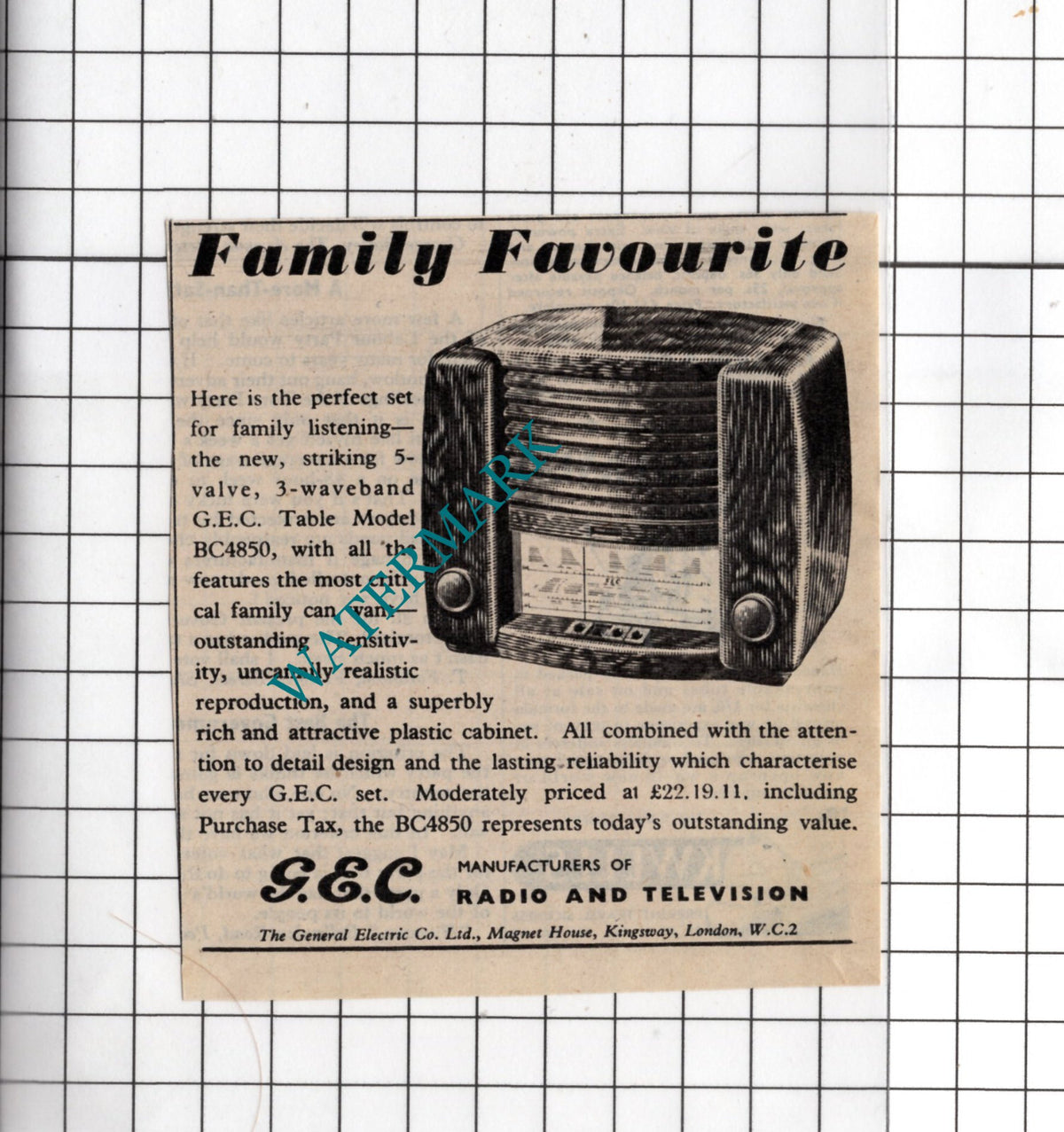 GEC Radio Advert - 1948 SMALL Cutting