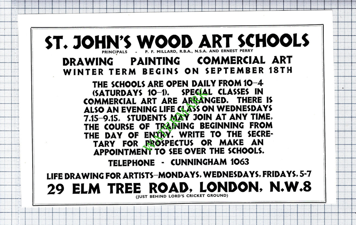 St John's Wood Art Schools Elm Tree Road London Millard Advert - 1933 Cutting