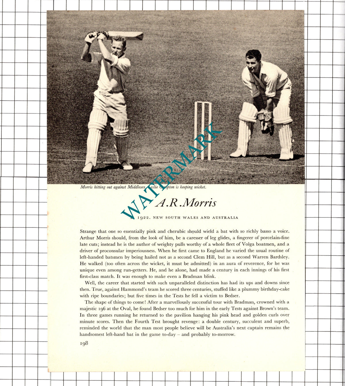 Roy Tattersall Cricketer / Arthur Morris Cricket - 1952 Book Print