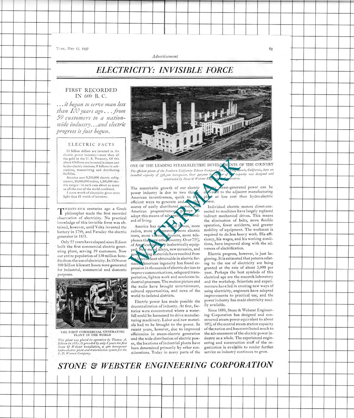 Stone & Webster Engineering Edison Long Beach California Advert- 1937 Clipping