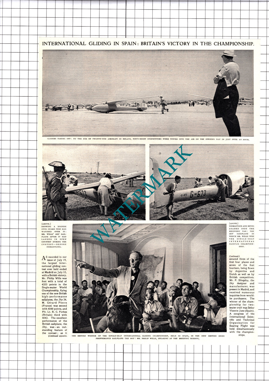 Philip Wills Gliding Champion - 1952 Cutting / Print