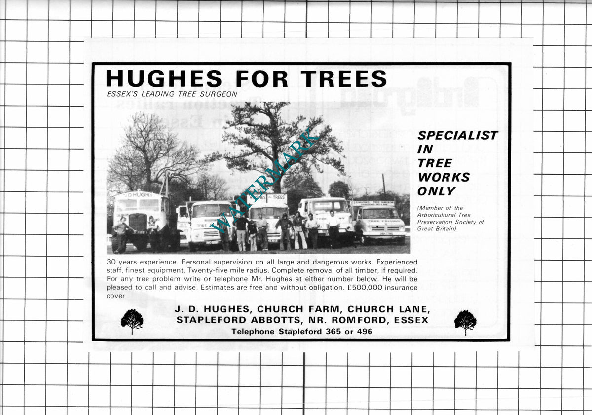 J D Hughes Church Farm Stapleford Abbotts Essex Tree Surgeon - 1975 Advert