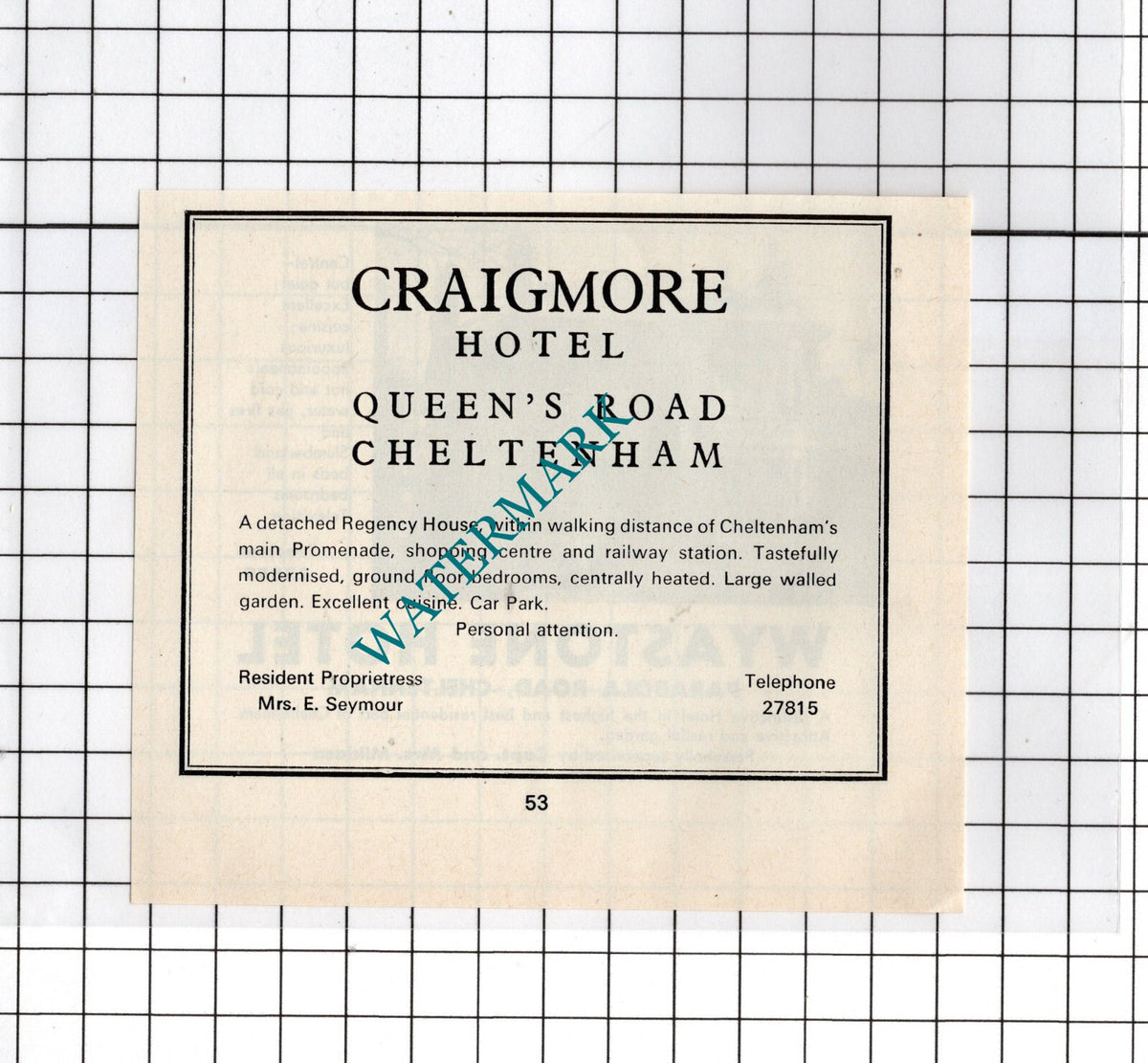Wyastone Hotel Cheltenham Miklasz / Craigmore Hotel Cheltenham - c.1970s Advert