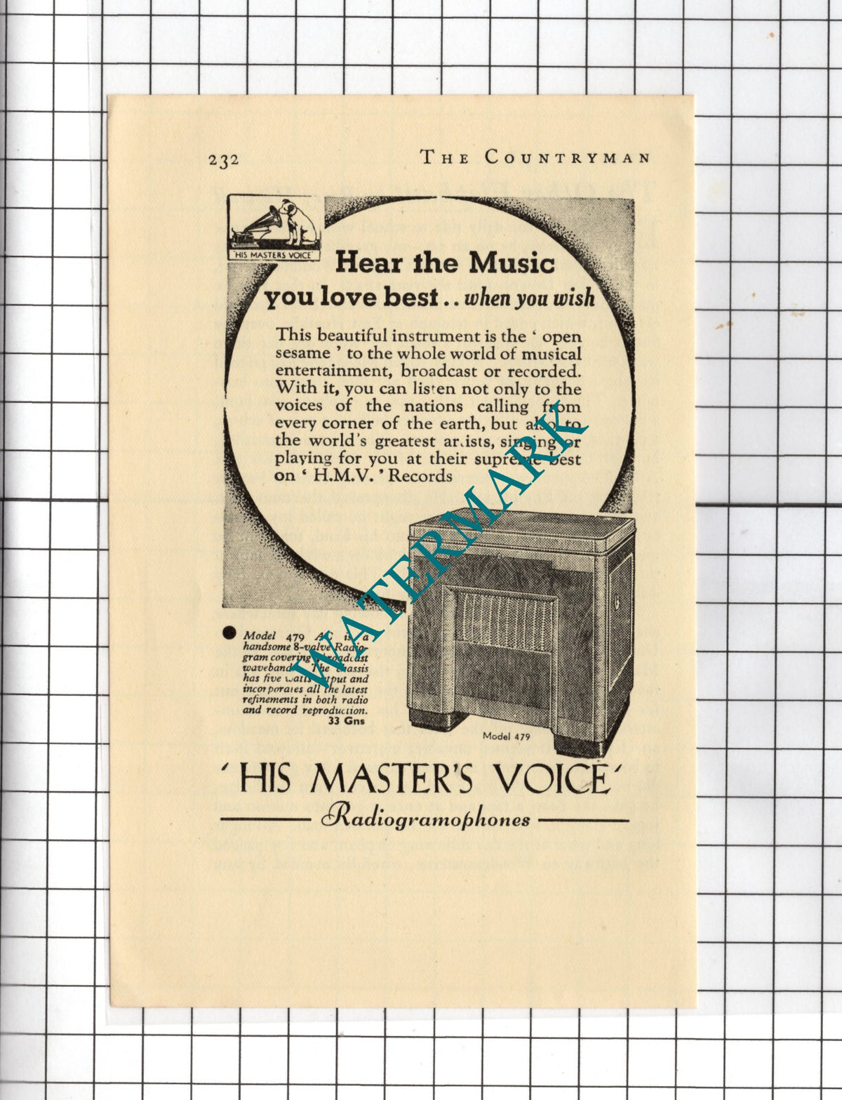 His Master's Voice Radiogram Advert - 1938 Small Advert