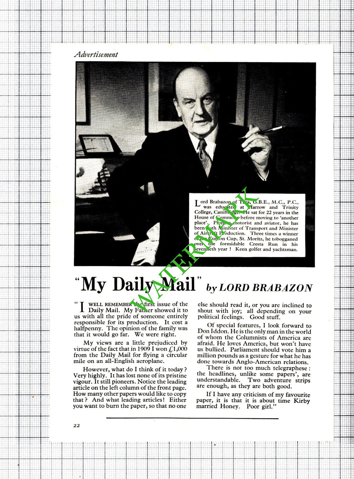 Lord Brabazon Daily Mail Small Advert - 1955 Cutting