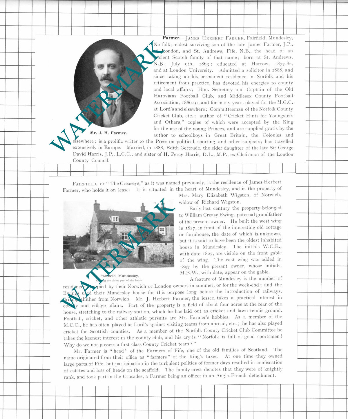 James Herbert Farmer Fairfield Mundesley Norfolk Creaseys - 1911 2-Part Clipping
