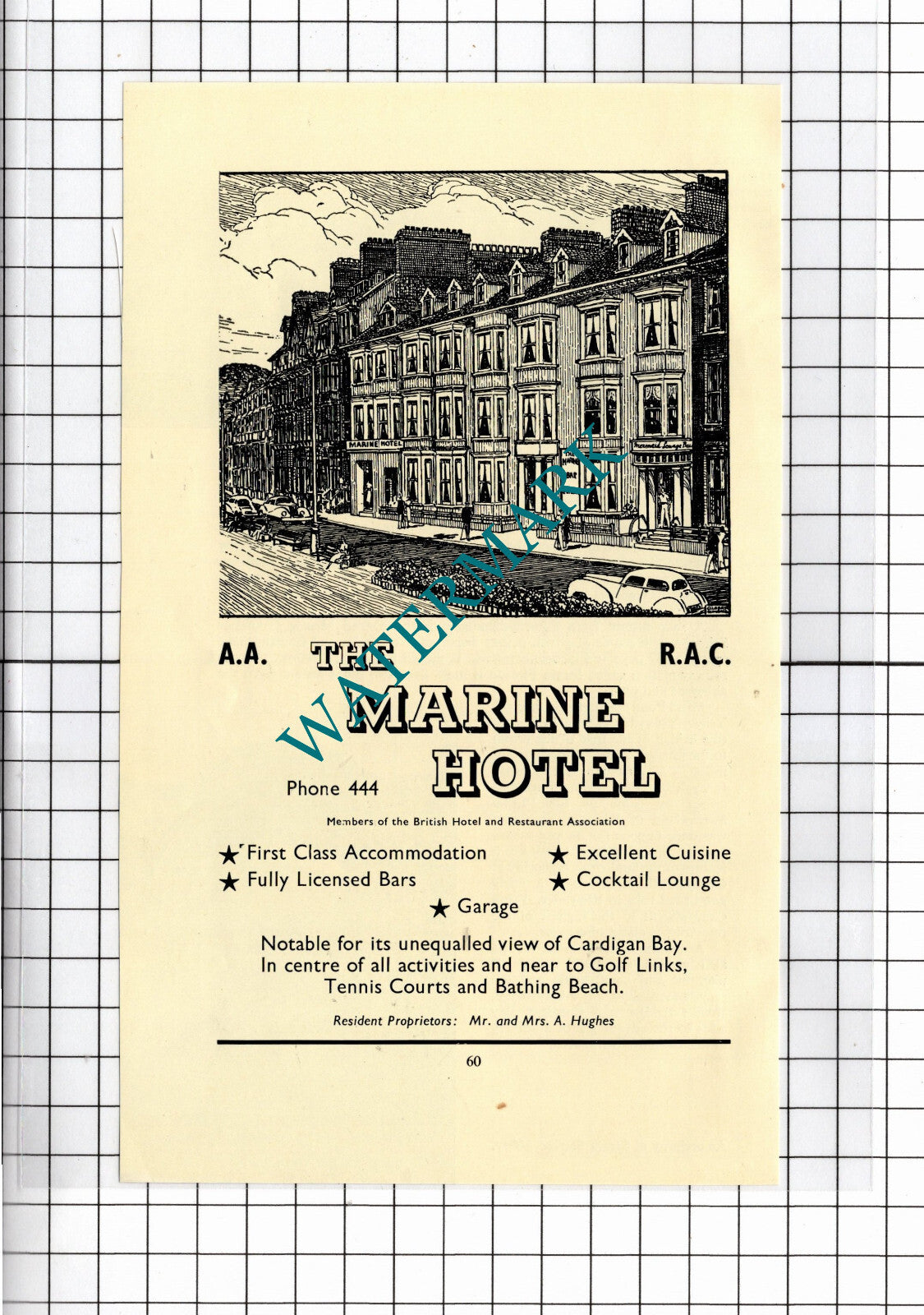 The Marine Hotel Cardigan Bay Wales Mr & Mrs A Hughes - 1957 Advert