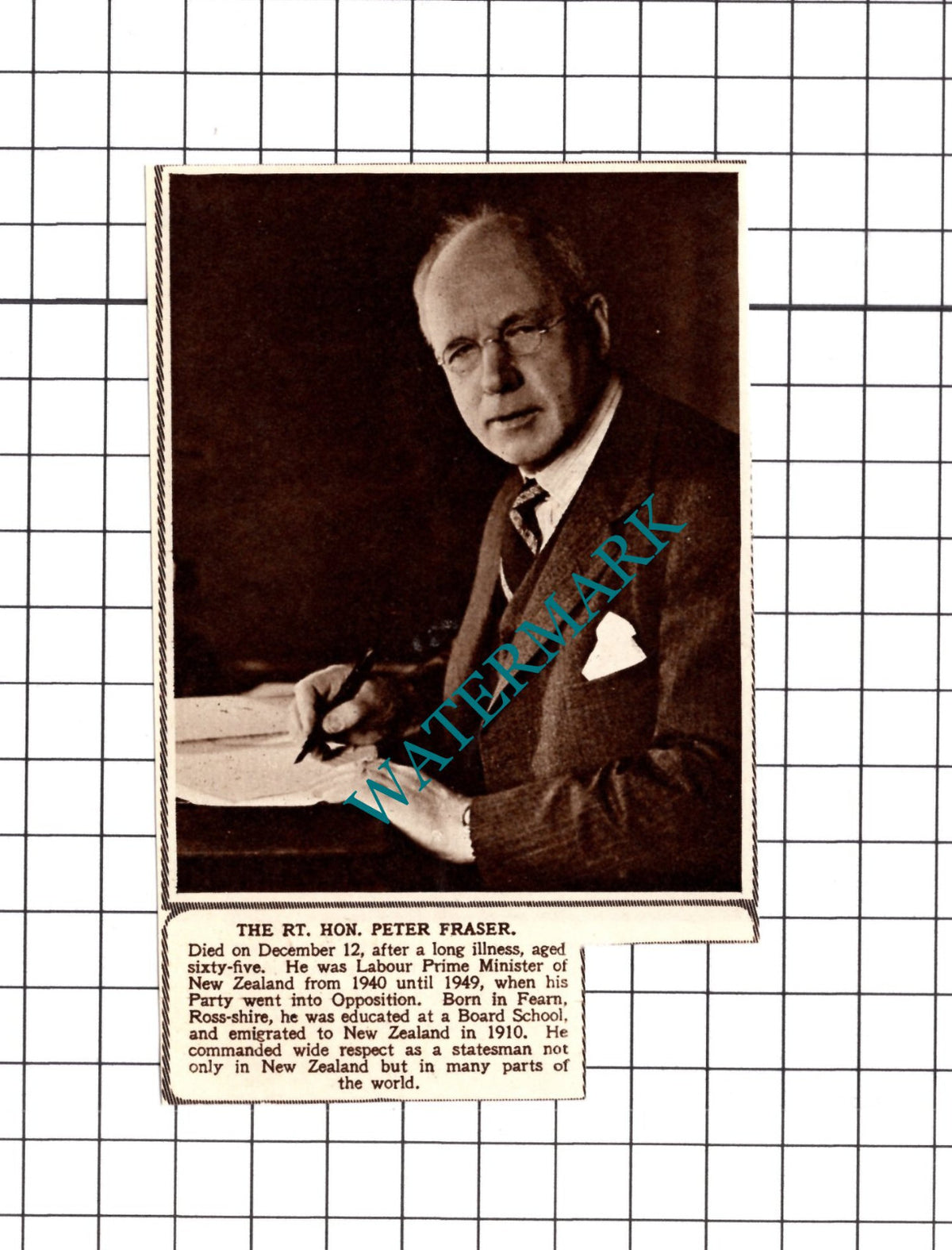 Rt Hon Peter Fraser Obituary - 1950 Cutting