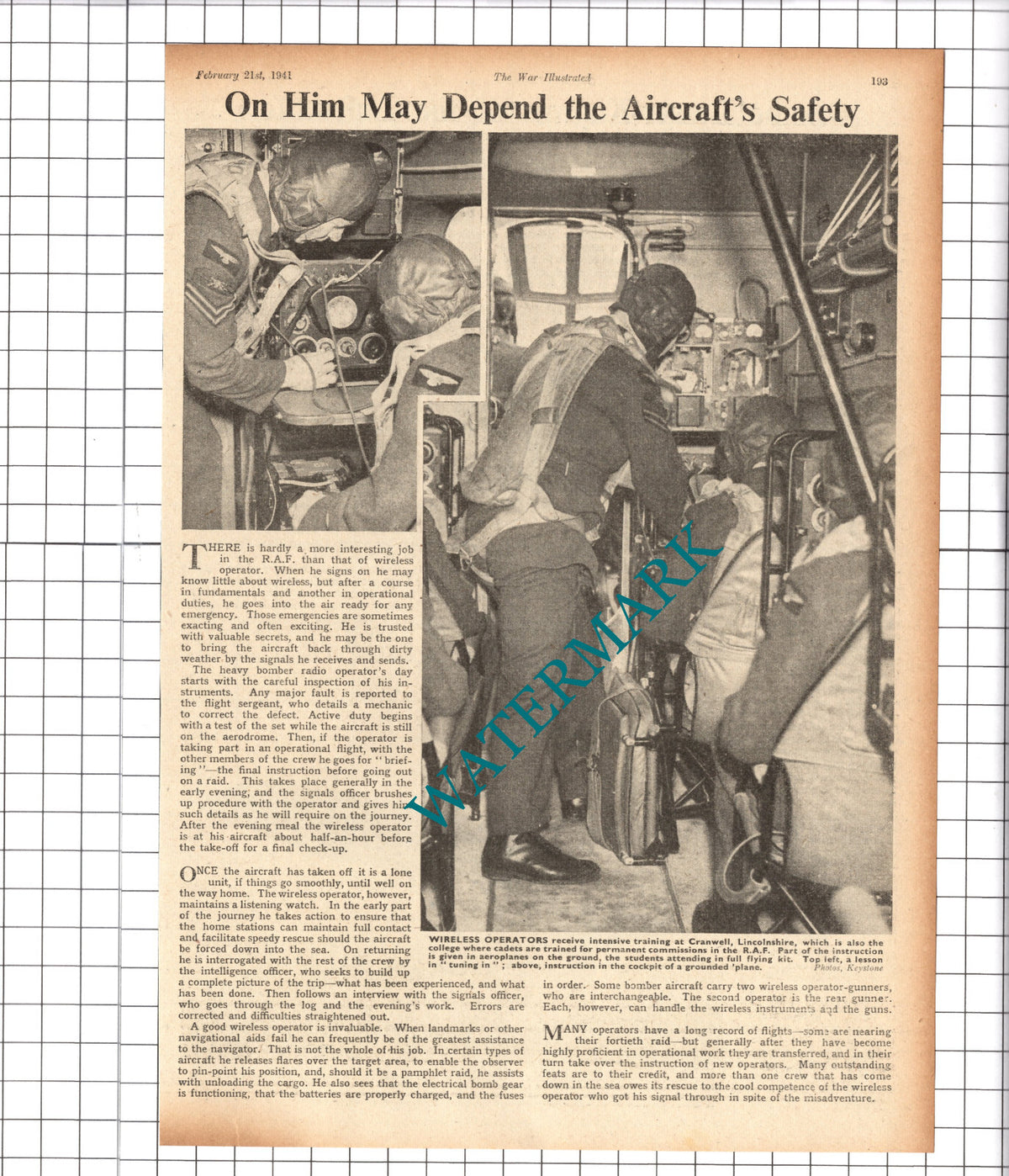 Wireless Operators RAF Cranwell Lincolnshire World War Two- 1941 Cutting / Print