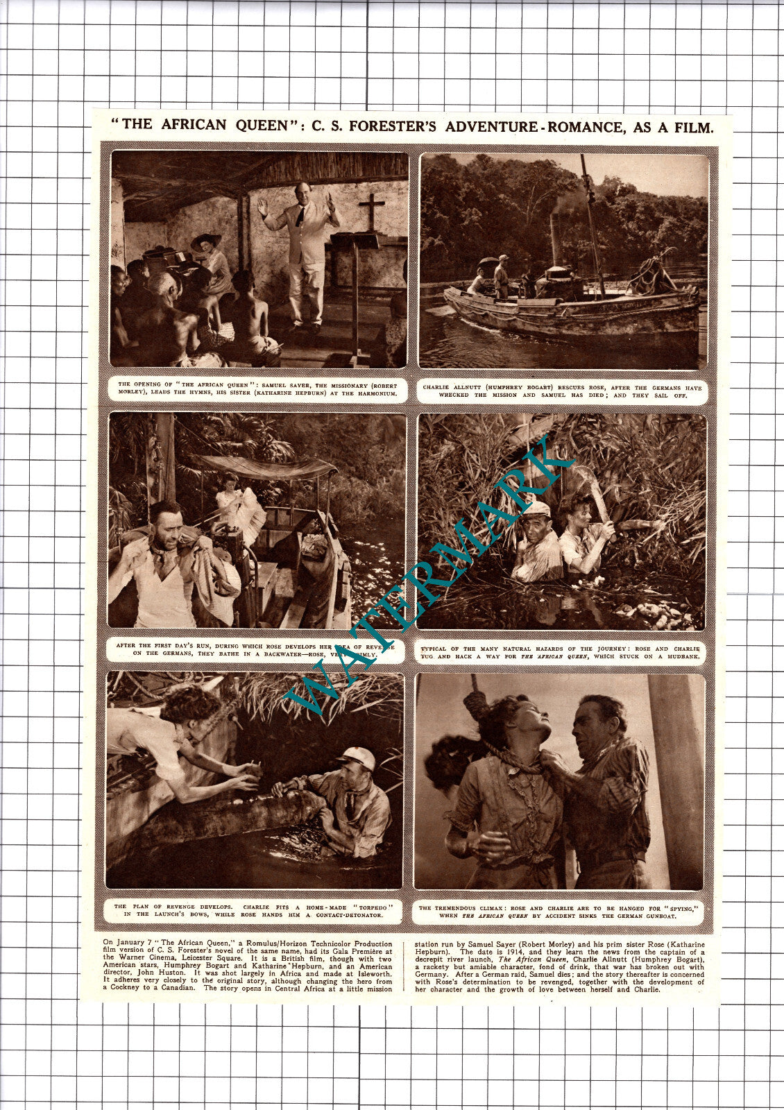 The African Queen C S Forester As A Film Bogart Morley - 1952 Cutting / Print
