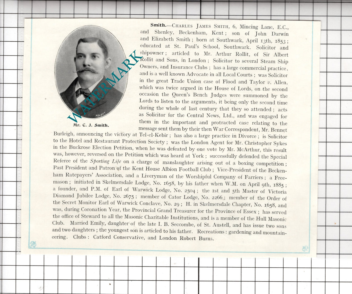 Charles James Smith Shenley Beckenham Kent - c.1905 Clipping