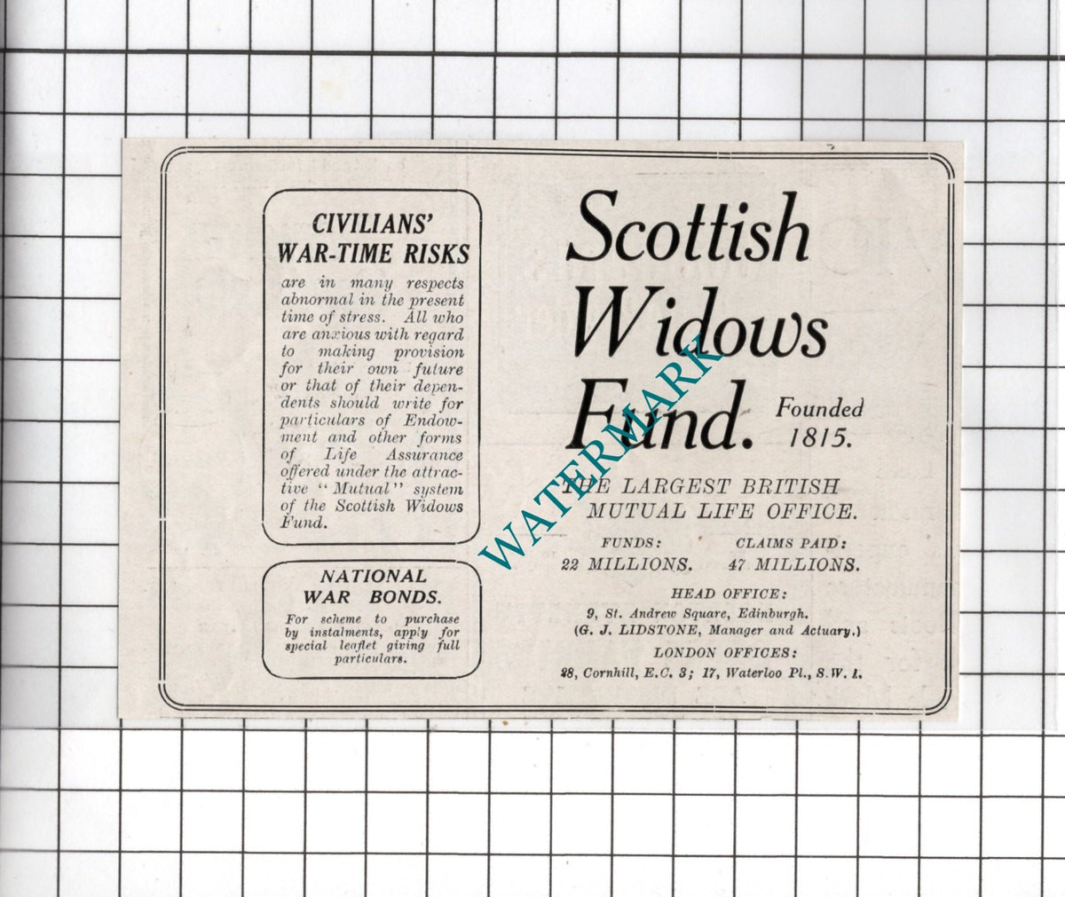 Scottish Widows Fund Wartime Advert WW1 G J Lidstone - 1918