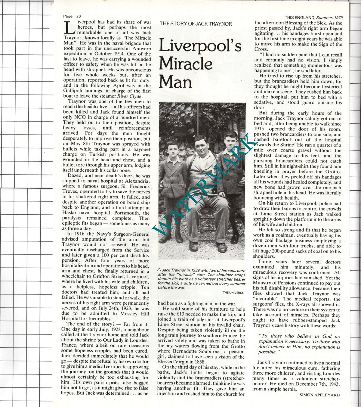 Jack Traynor Liverpool Lourdes Miracle Man - 1979 Article