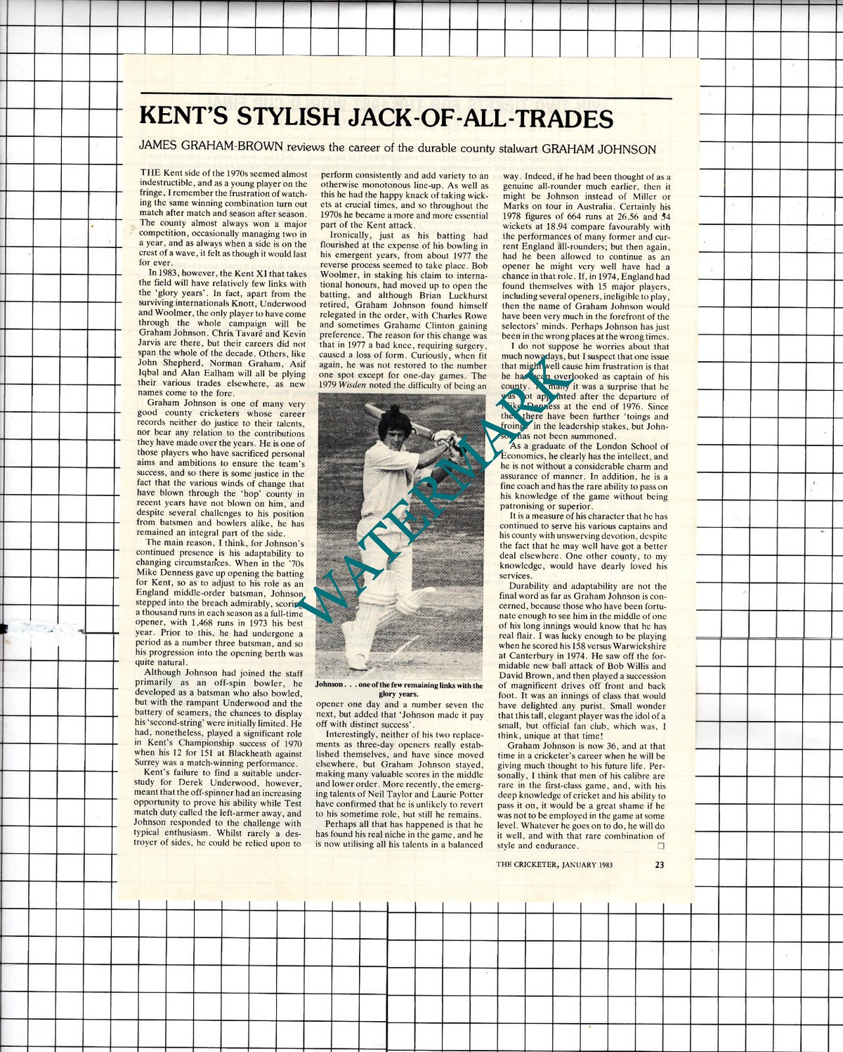 Graham Johnson Cricketer Cricket Kent - 1982 Article