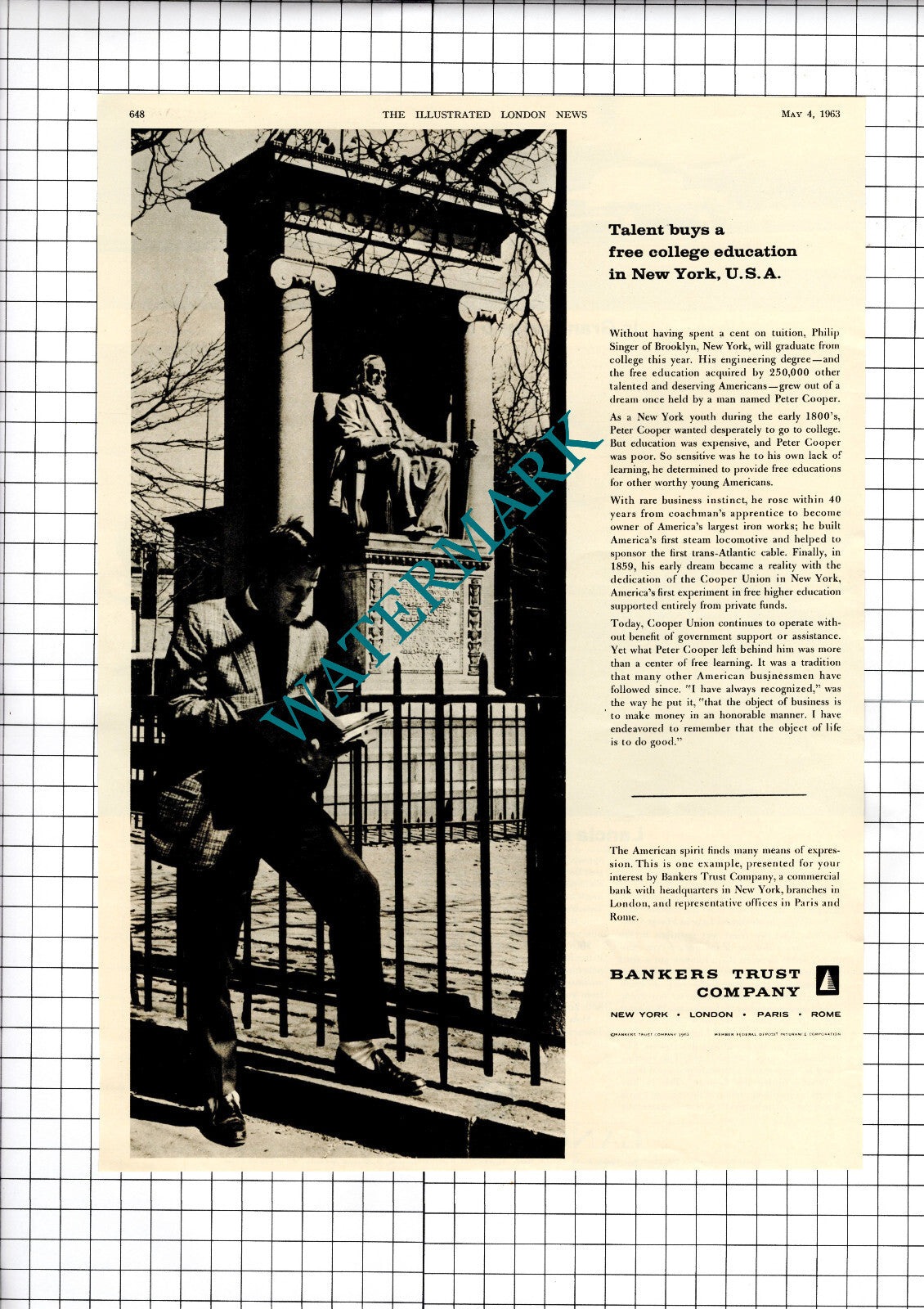 Peter Cooper Union Bankers Trust Company Philip Singer Brooklyn - 1963 Advert