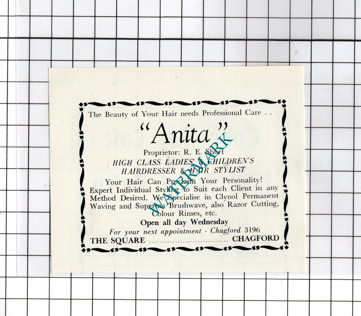 Anita Hairdressers Chagford Devon R E Short - c.1940s Small Advert