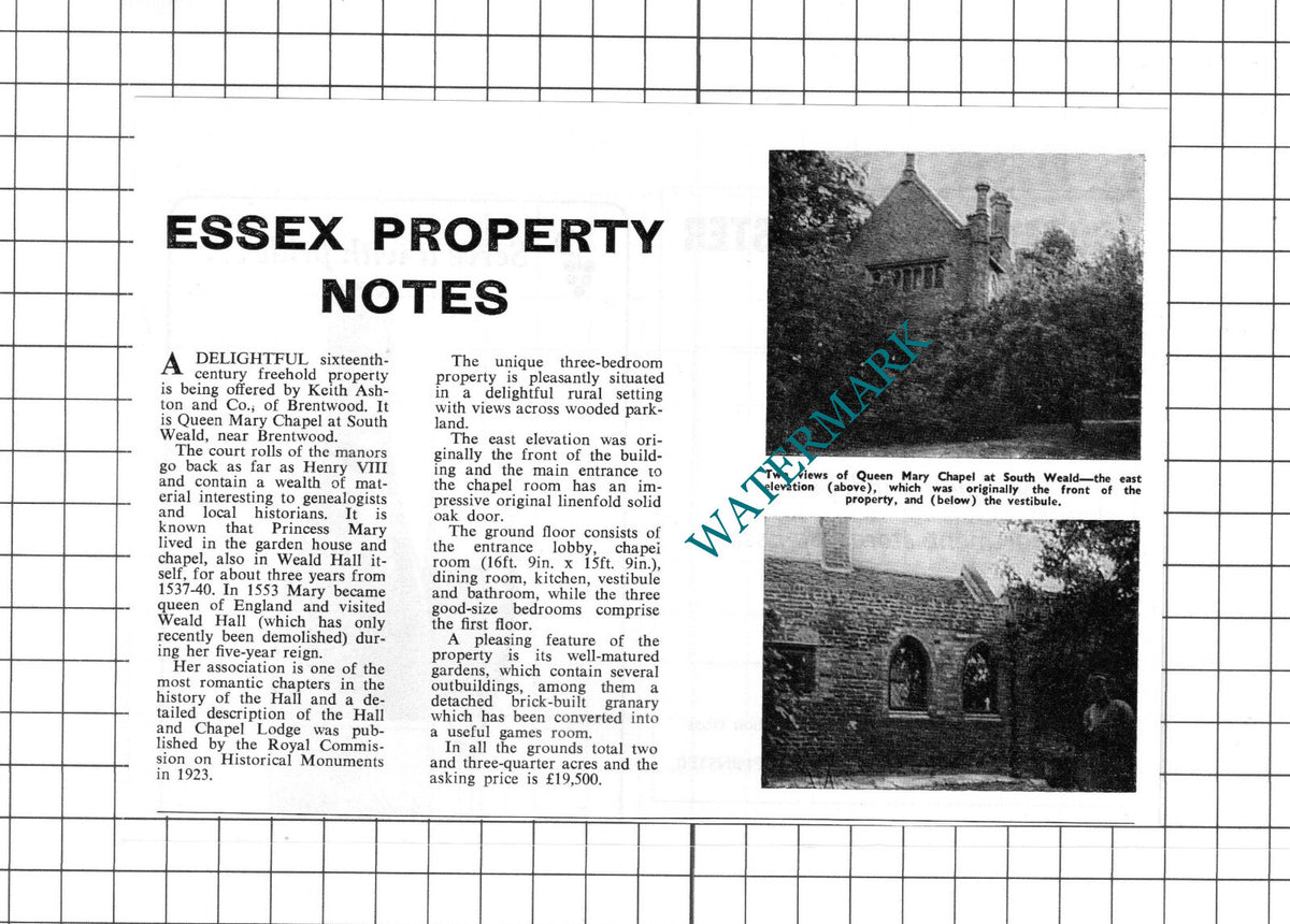 Queen Mary Chapel South Weald Essex Sale Advert - c.1967 Clipping / Print