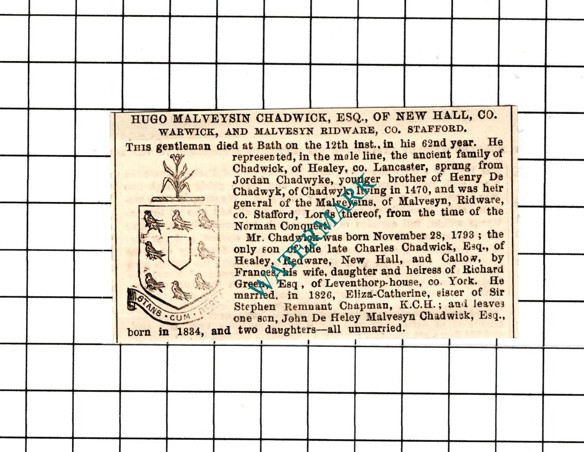 Hugo Malveysin Chadwick New Hall Warwickshire Obituary - 1854 SMALL Clipping