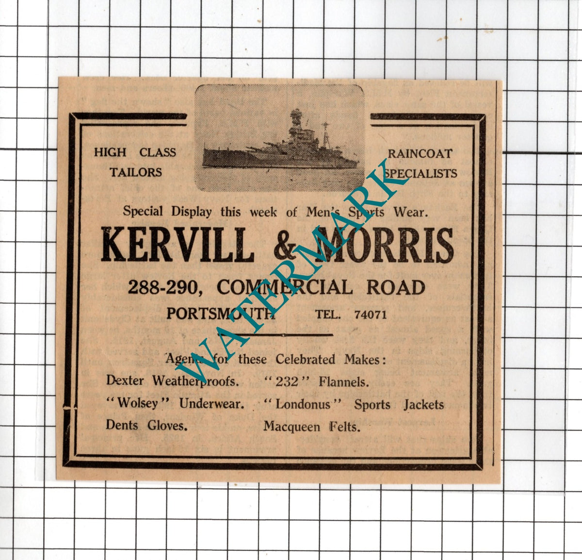 Kervill & Morris Tailors Portsmouth Hampshire - 1953 Small Advert