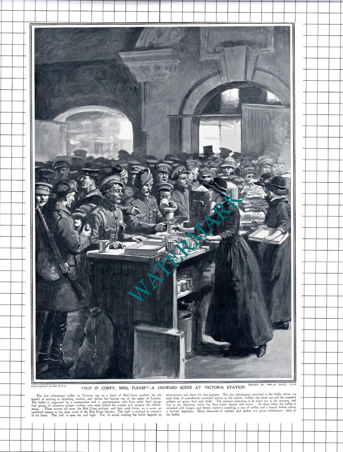 Victoria Station Refreshments Red Cross WW1 Philip Dadd - 1915 Cutting / Print