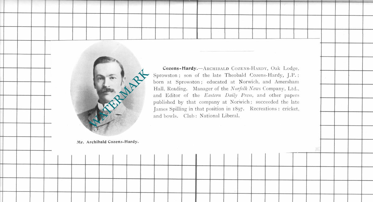 Mr Archibald Cozens-Hardy Oak Lodge Sprowston - 1911 Clipping