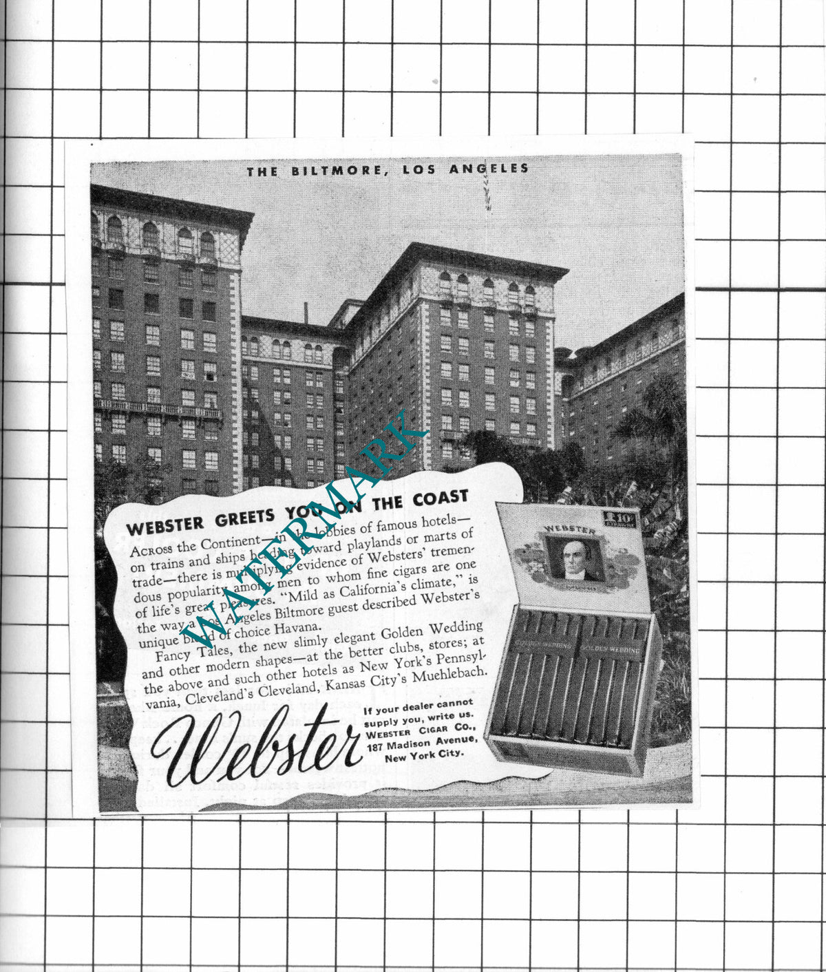 The Biltmore Los Angeles US Webster Cigars Advert - 1937 Clipping / Print