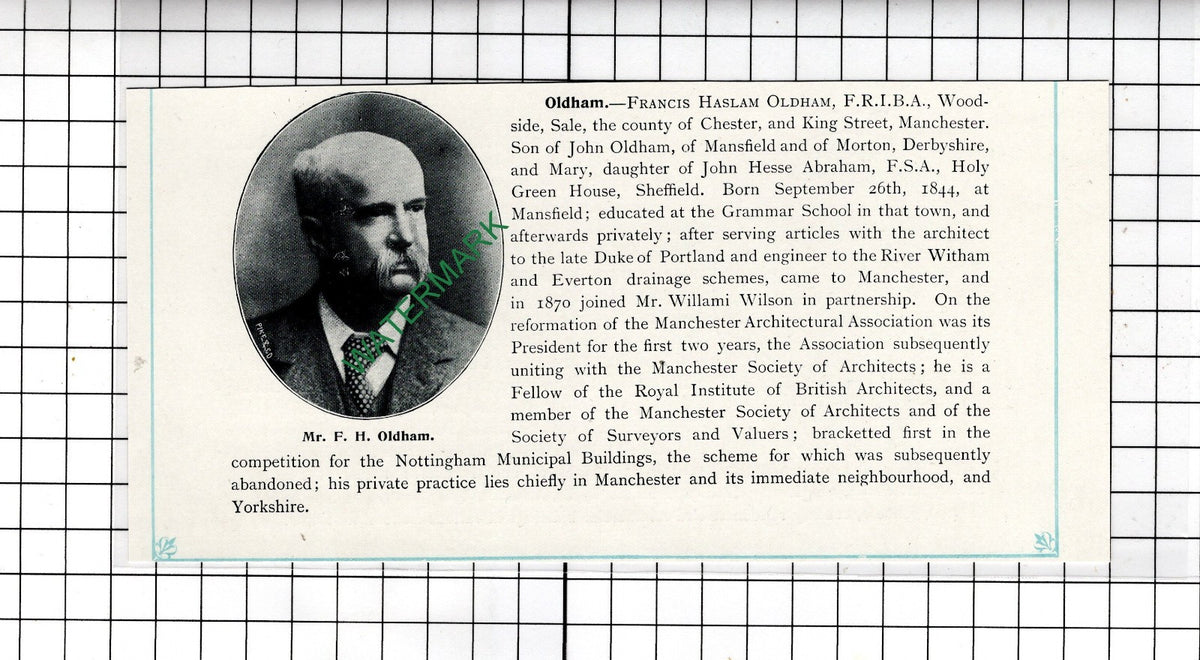 Francis Haslam Oldham Woodside Sale Cheshire Manchester - c.1905 Clipping