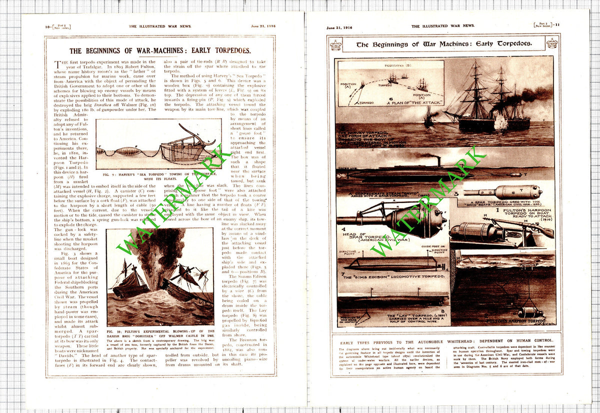 Early Torpedoes Fulton's Harvey's Great War WW1 - 1916 Two-Part Cutting