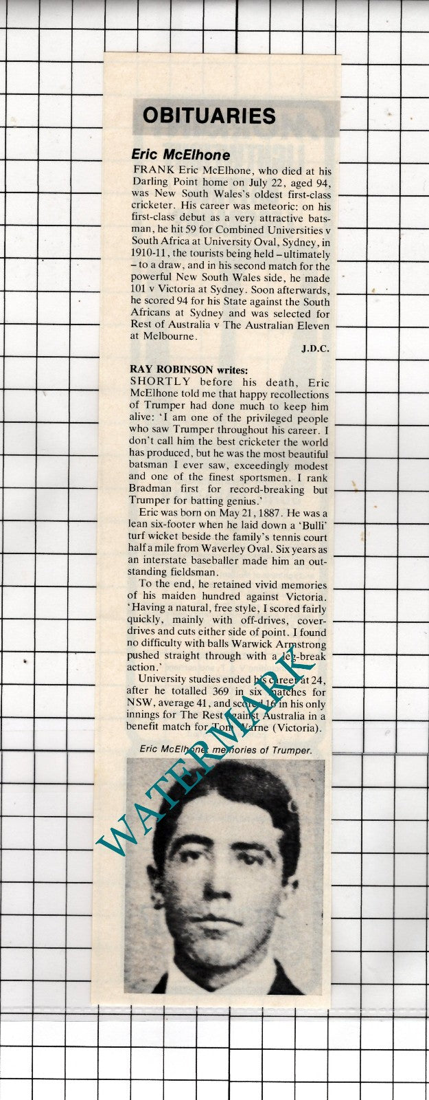 Eric McElhone Cricketer Obituary - 1982 Clipping