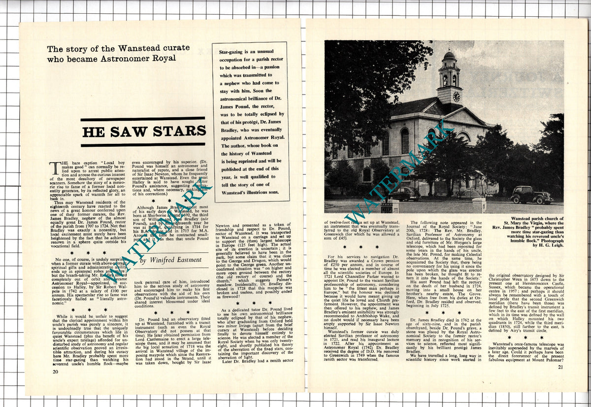 Dr James Bradley Wanstead London Astronomer Royal Dr James Pound - 1968 Article