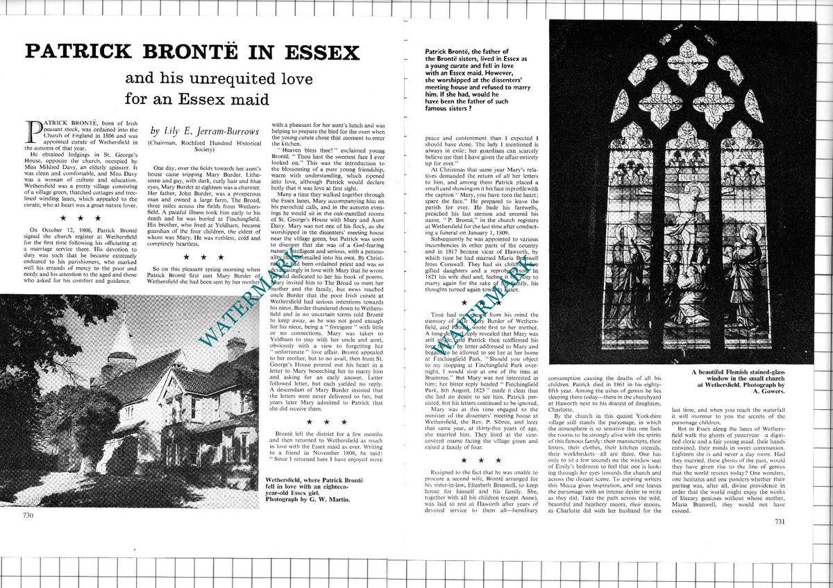 Patrick Bronte Wethersfield Essex Mary Burder St George's House - 1967 Article