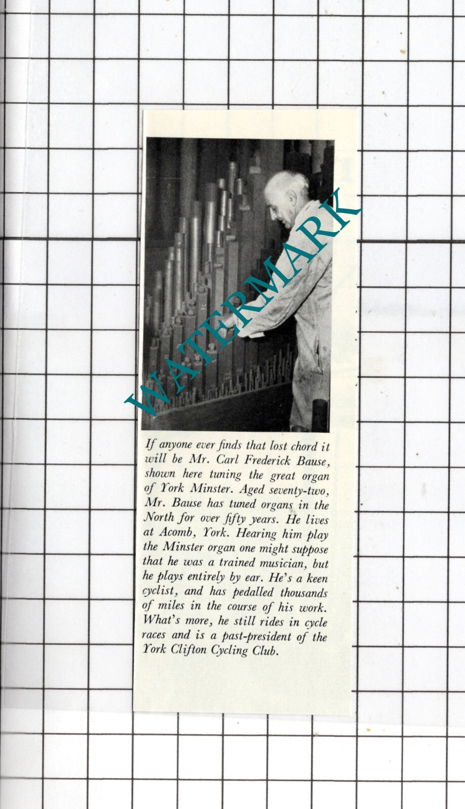 Mr Carl Frederick Bause Acomb York Minster Organ Tuner - 1957 SMALL Clipping