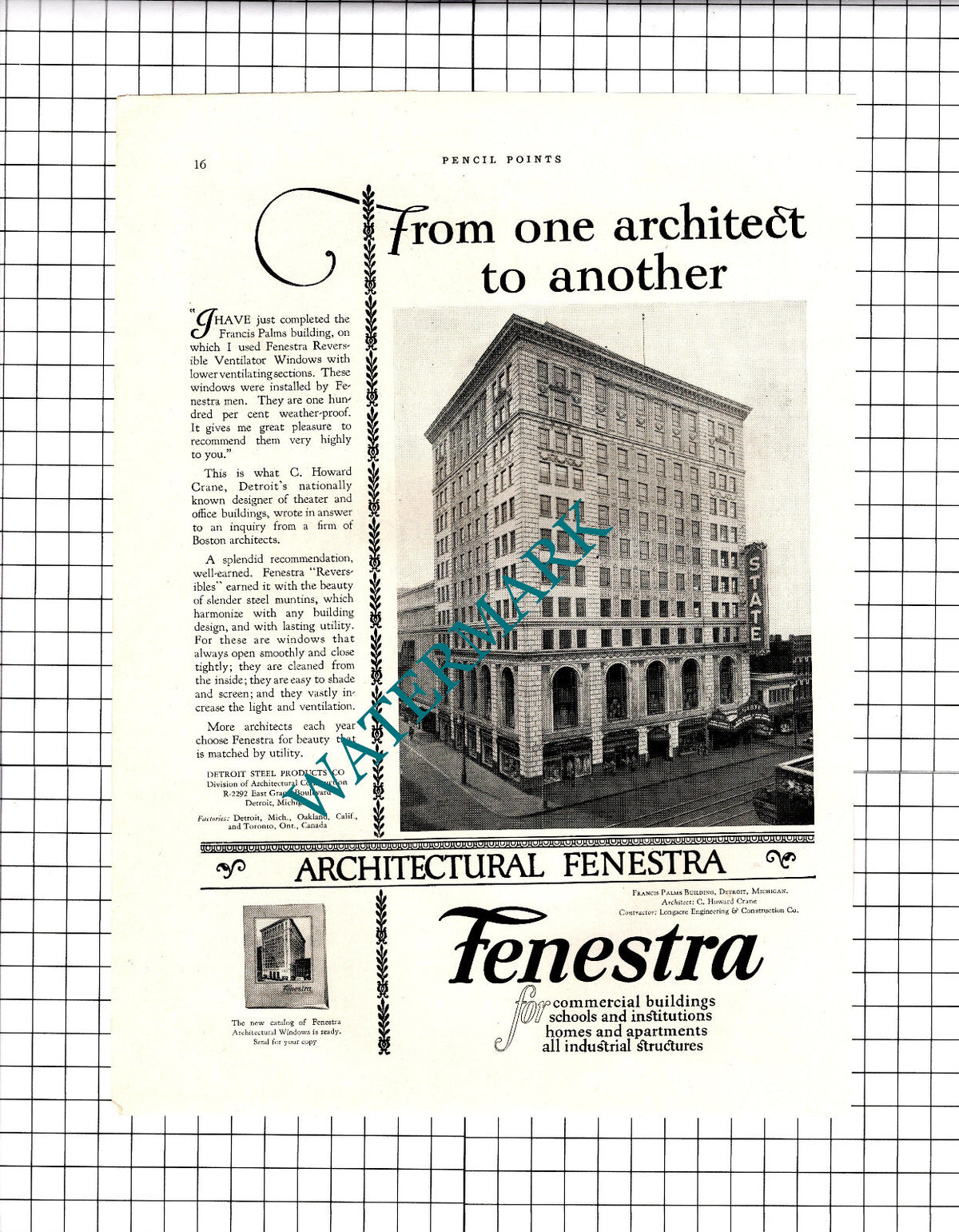 Francis Palms Building Detroit Michigan Howard Crane Fenestra 1926 Advert/ Print