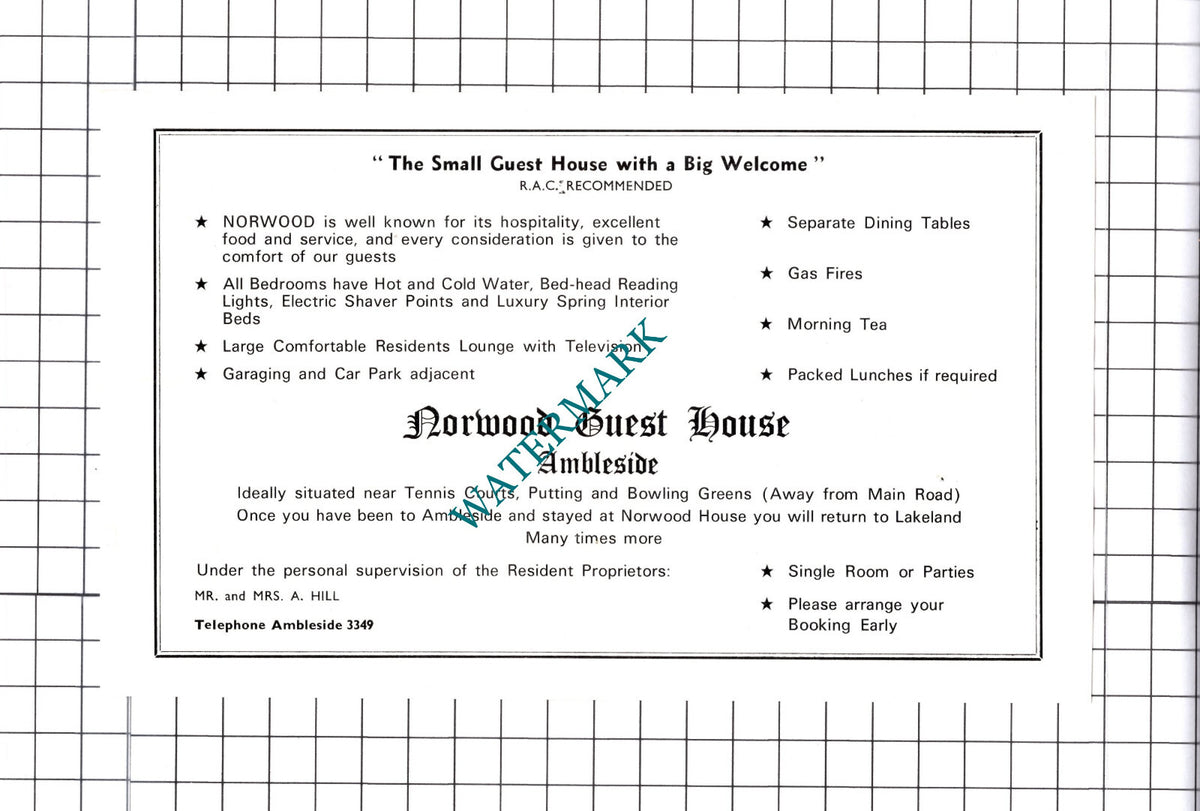 Lakelands Hotel Ambleside Robson / Norwood Guest House Advert - c.1968 Cutting